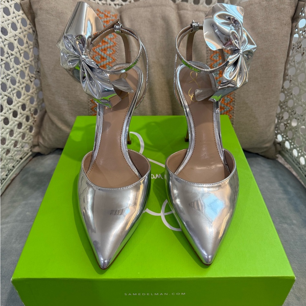 Sam Edelman Metallic Silver Heels with Bow Accent